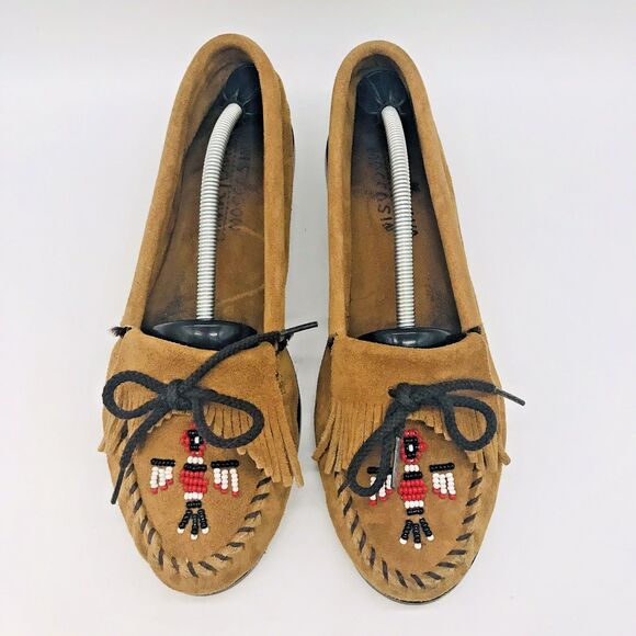 Minnetonka Thunderbird Animikii Beaded Brown Suede Moccasin Women's 10 Hard Sole - Picture 6 of 12